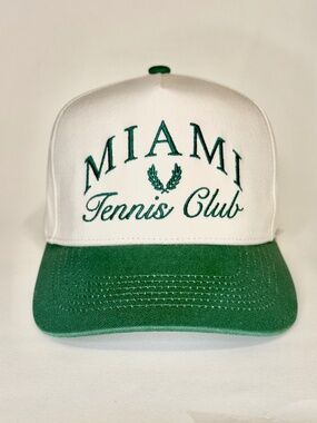 Miami Tennis Club Vintage-Style Snapback Hat. Green & Creme White retro Cap